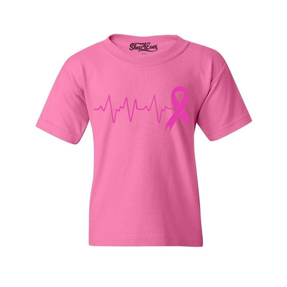 Shop4Ever Kids Heartbeat Pink Ribbon Breast Cancer Awareness Graphic Child's Youth T-Shirt Small Azalea Pink