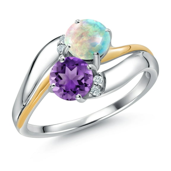 Gem Stone King 925 Sterling Silver and 10K Yellow Gold Purple Amethyst White Simulated Opal 2 Stone and Lab Grown Diamond Accent Ring for Women (1.00 Cttw, Gemstone February Birthstone, Size 5)