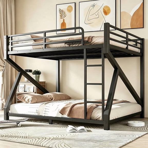 Bellemave Queen Over Queen Metal Bunk Bed, Low Profile Floor Bunk Bed Frame with Ladder, Heavy Duty & Noise-Free Design, No Box Spring Needed, Black