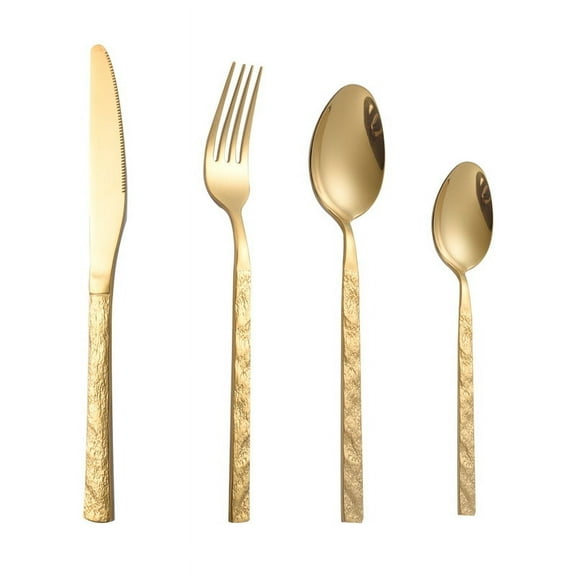 PCS Flatware Set of 8 Gold Silverware Set Hammered Handle Dishwasher Safe Mirror Effect include Dinner Forks Spoons