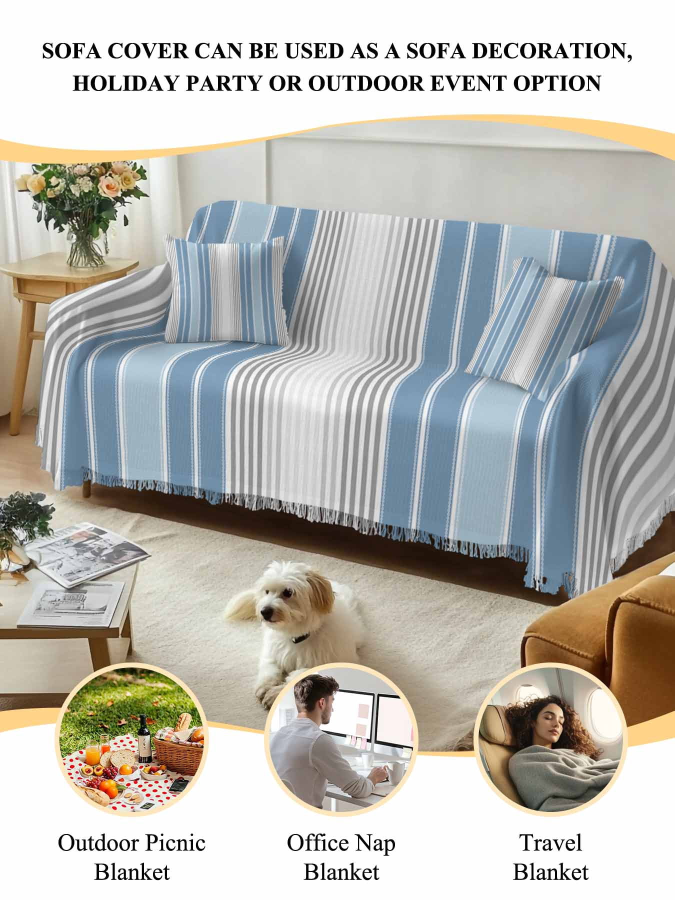 Blue Gray Stripes Couch Cover, Contemporary Minimalist Abstract Lines Sofa Cover Blanket for 2 Seat Cushion,Sectional Sofa Slipcover Furniture Protector for Living Room Bedroom 71''x102''