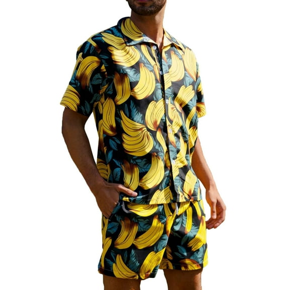 VBTAPA Mens 2 Piece Summer Beach Outfits Funky Hawaiian Matching Set Funny Banana Printed Short Sleeve Button Down Shirt and Drawstring Waist Shorts Set with Pockets Yellow XL