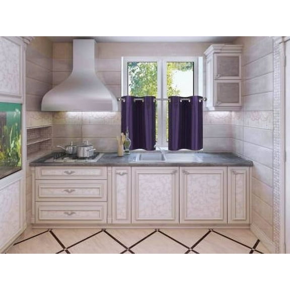 1SET D2 PURPLE  Solid Linen  Grommet Treatment Traditional  Curtains for Short Windows, Livingroom, Bathroom, Kitchen, Nursery  Two (2) Piece Faux Silk Blackout Tier Panels 30" Wide x 24" Length Each