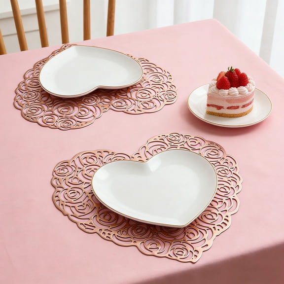 Valentines's Day Heart-Shaped PVC Placemat – Waterproof, Heat-Resistant, Anti-Scald Mat Home Dining Placemats, for Wedding, Party, Everyday Dining
