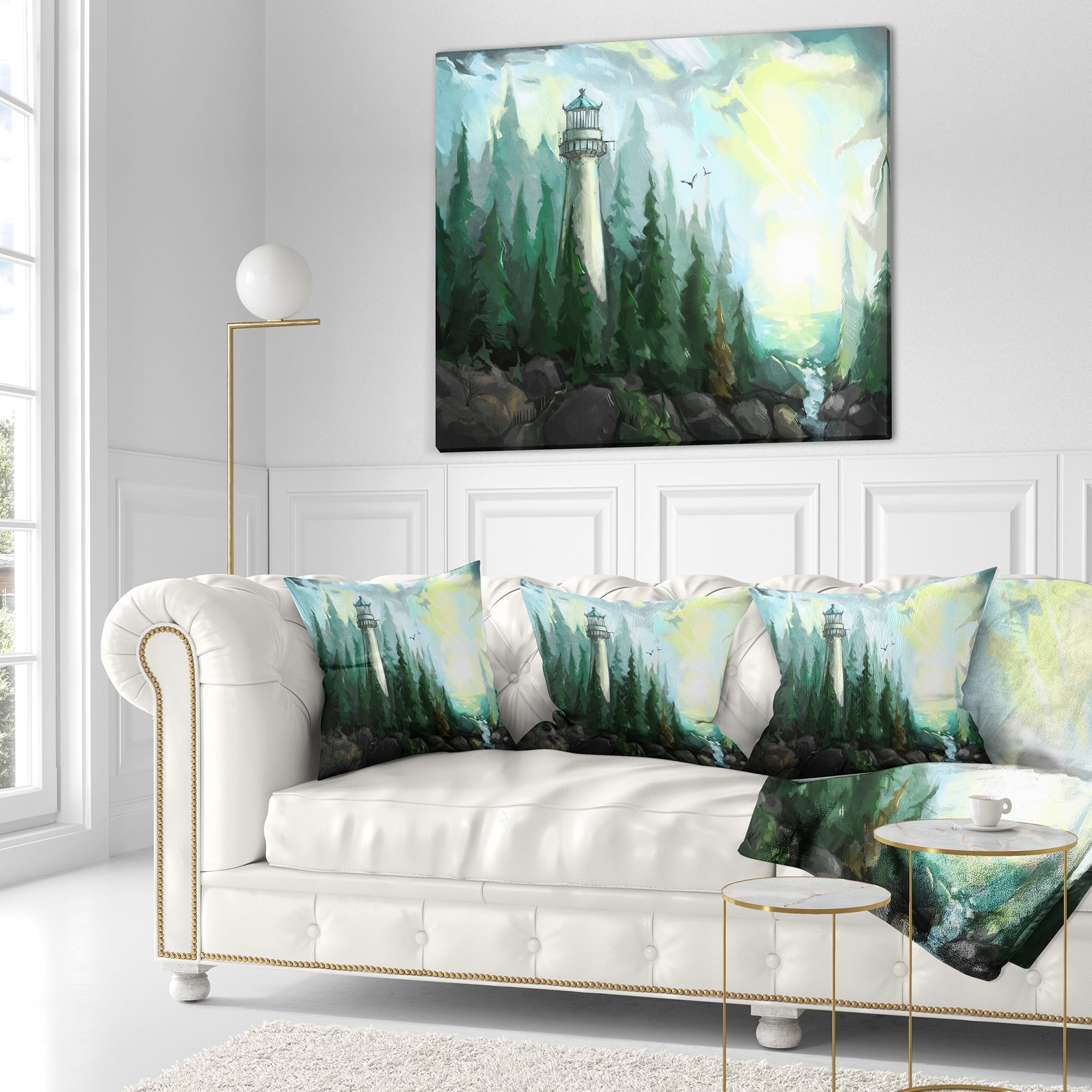 Designart Landscape with River and Trees - Modern Painting Throw Pillow - 18x18