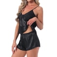thumbnail image 4 of INSPIRE CHIC Womens Satin Loungewear Lace Silky Bow Spaghetti Strap V Neck Top with Split Shorts Pajama Set L Black, 4 of 6