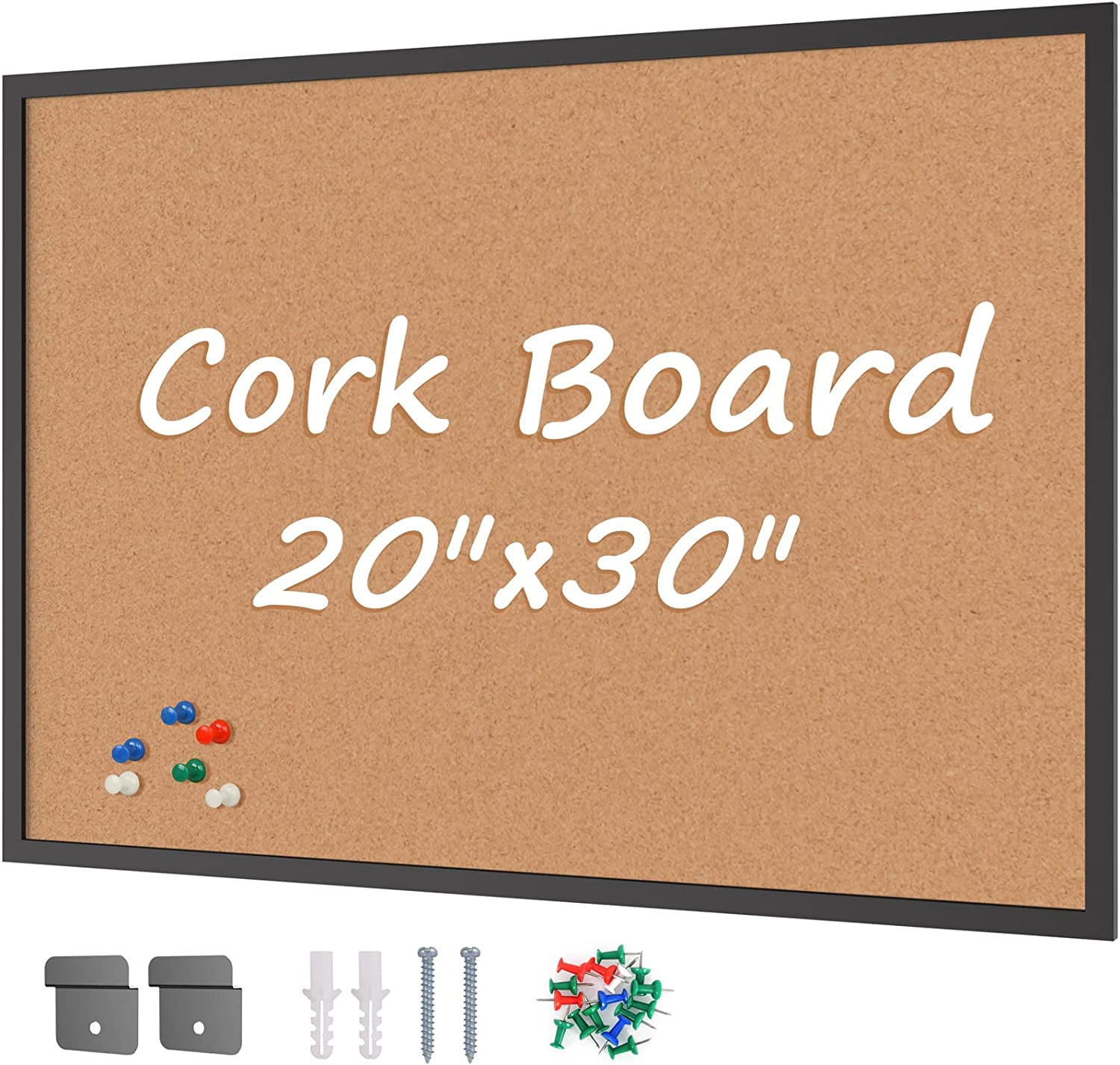 Cork Board Bulletin Board 20“ x 30”, Black Wood Framed Corkboard, Office Board for Wall Cork, Large Wall Mounted Notice Pin Board with 16 Push Pins for School, Home & Office
