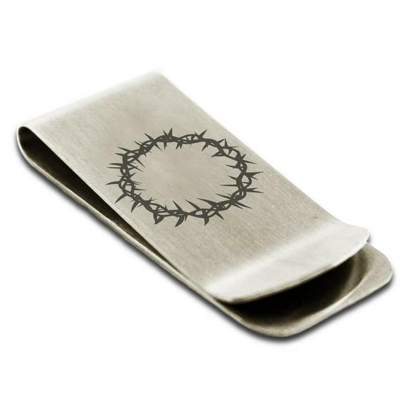 Tioneer Stainless Steel Crown of Thorns Engraved Money Clip Credit Card Holder