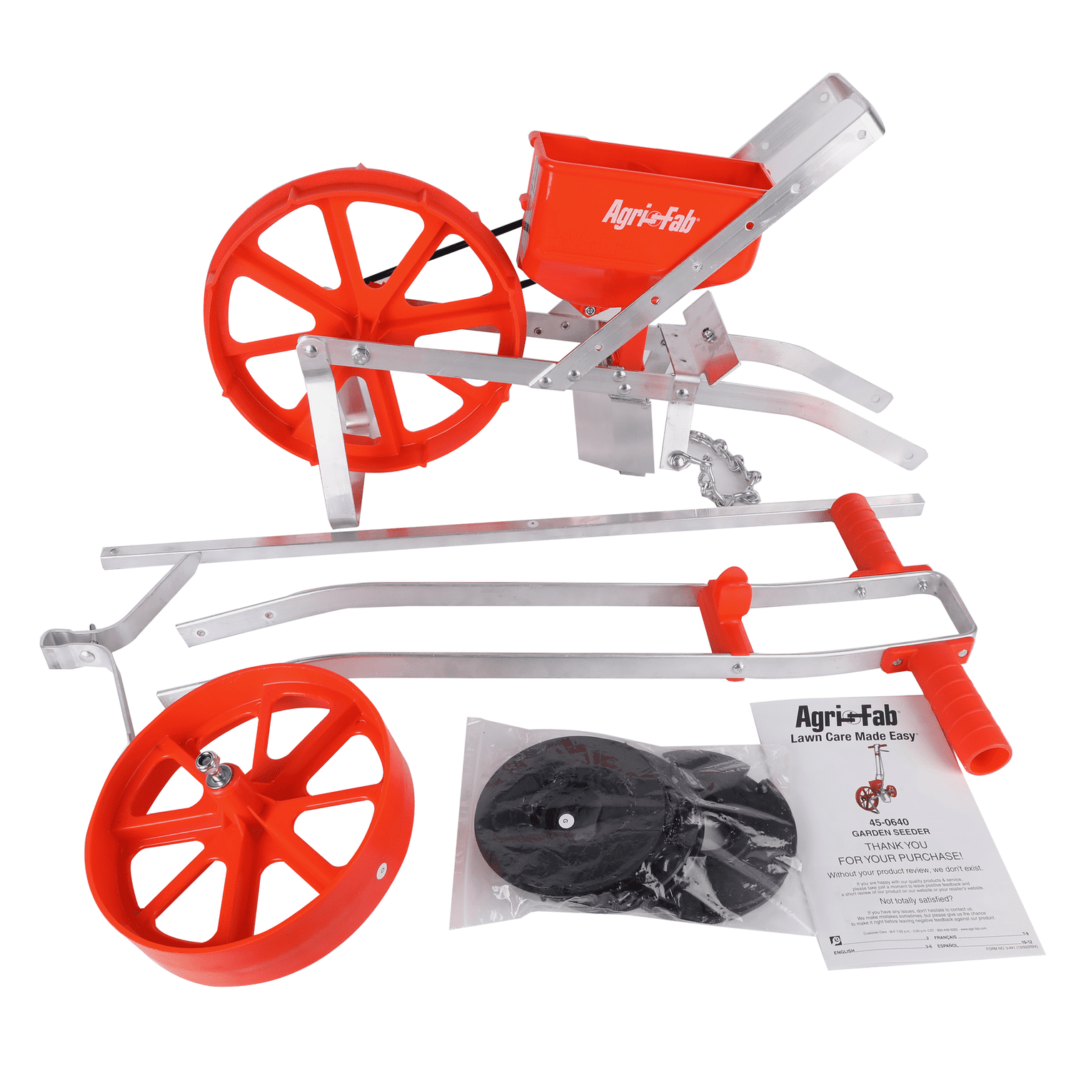 Agri-Fab 45-0640 3lb Push Garden Seeder/Planter with 7 Interchangeable Seed Plates for up to 20 Types of Seeds, Rust Resistant Plow Blade, Aluminum Frame, Orange