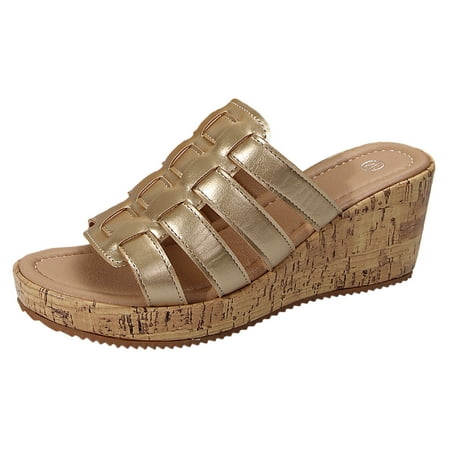 

QYZEU Sandals for Teens Sandals for Women Ladies Summer Shiny Leather Fish Mouth Shoes Wide Heel Beach Large Size Slope Heel Sandals Slippers Gold