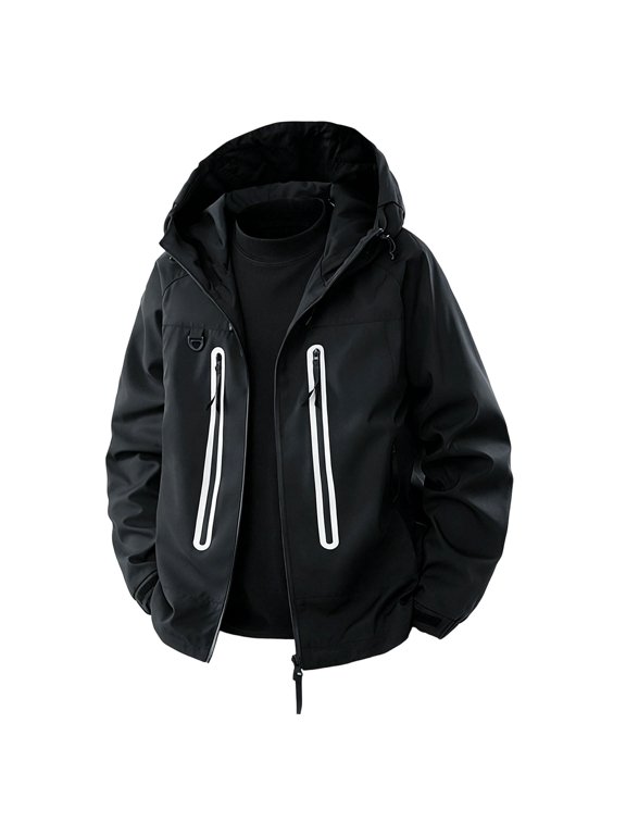 Hooded Reflective Stripe Outdoor Jacket Men Hooded Zip Up Windproof Water Resistant Sport Jacket Black L