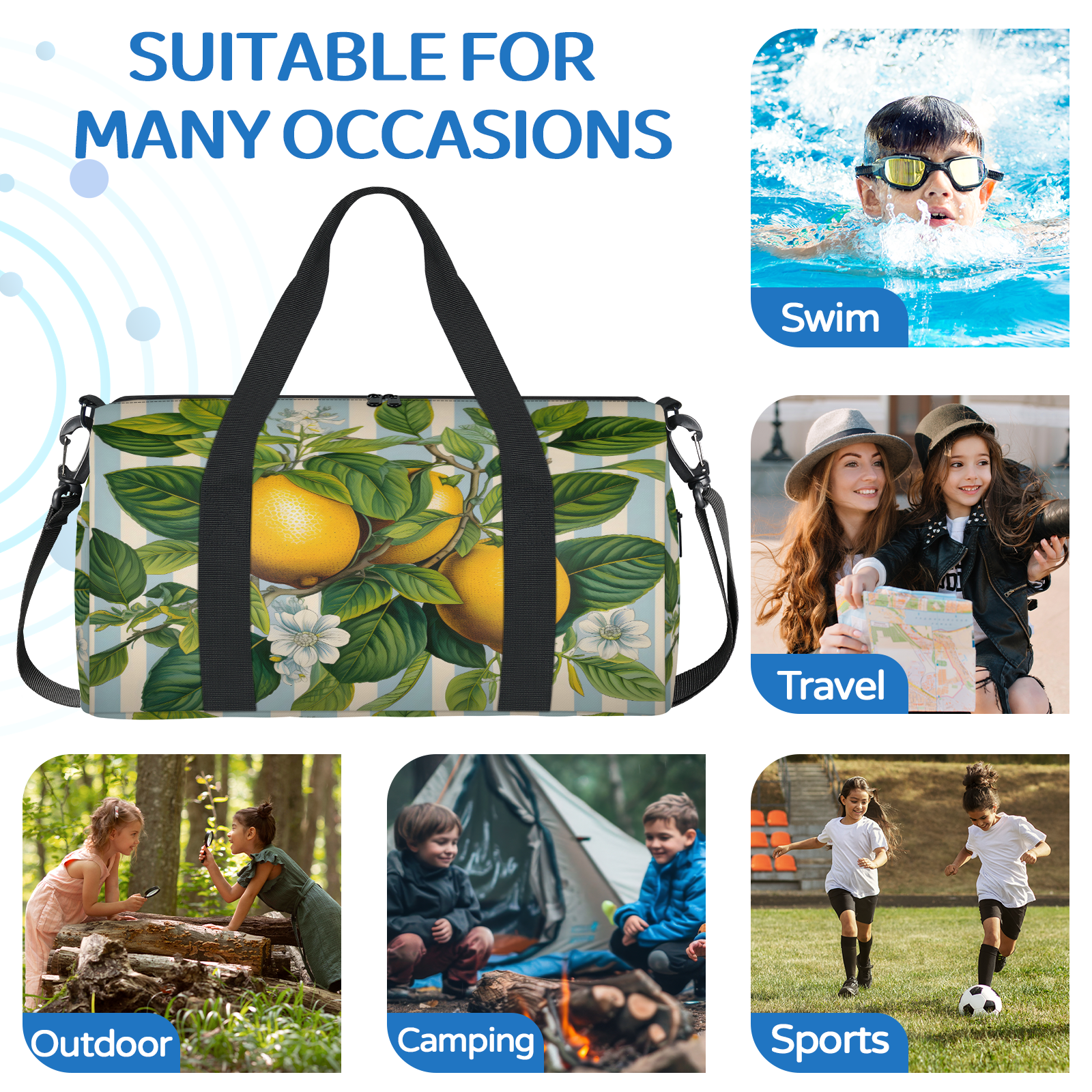 Herdesigns Lemon Fruit Flowers Gym Bag for Women, Duffle Bag for Travel Sport, Lightweight Waterproof Carry on Weekender Overnight Dance Yoga Workout Bags