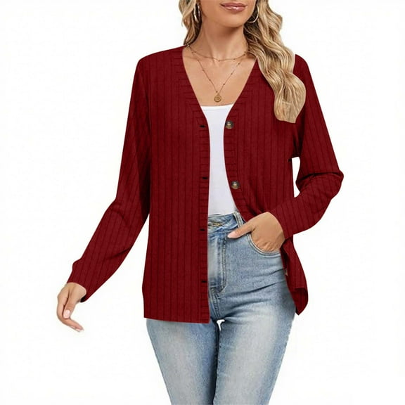 Timegard Cardigan Sweaters for Women Fall Causal Button down V Neck Long Sleeve Ribbed Knit Jackets