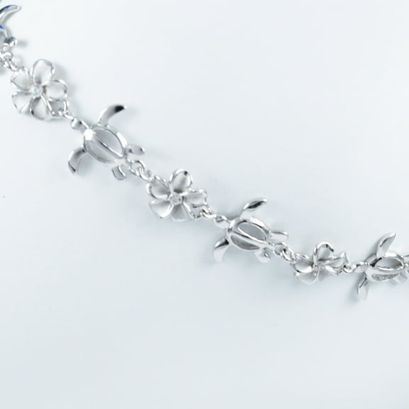 Beautiful Hawaiian Sea Turtle Plumeria Ankle Bracelet, Sterling Silver Turtle Plumeria CZ Charm Anklet, A3311 Birthday Valentine Gift