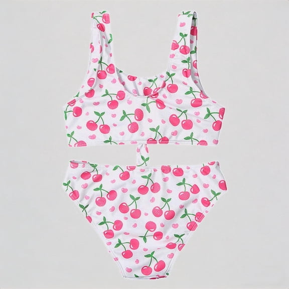 REDARER Girls' Bikini Set – Cherry Print, Scoop-Neck Top & High-Waist Bottoms, Cute Vacation Beach Swimwear,6-7 Years