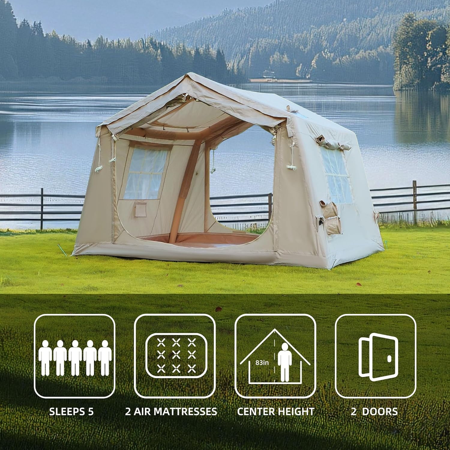 Esheno 8㎡ Inflatable Camping Tent with Hand Pump 4-Season Waterproof Oxford 4-8 Person Glamping 125.95x98.43x82.68"