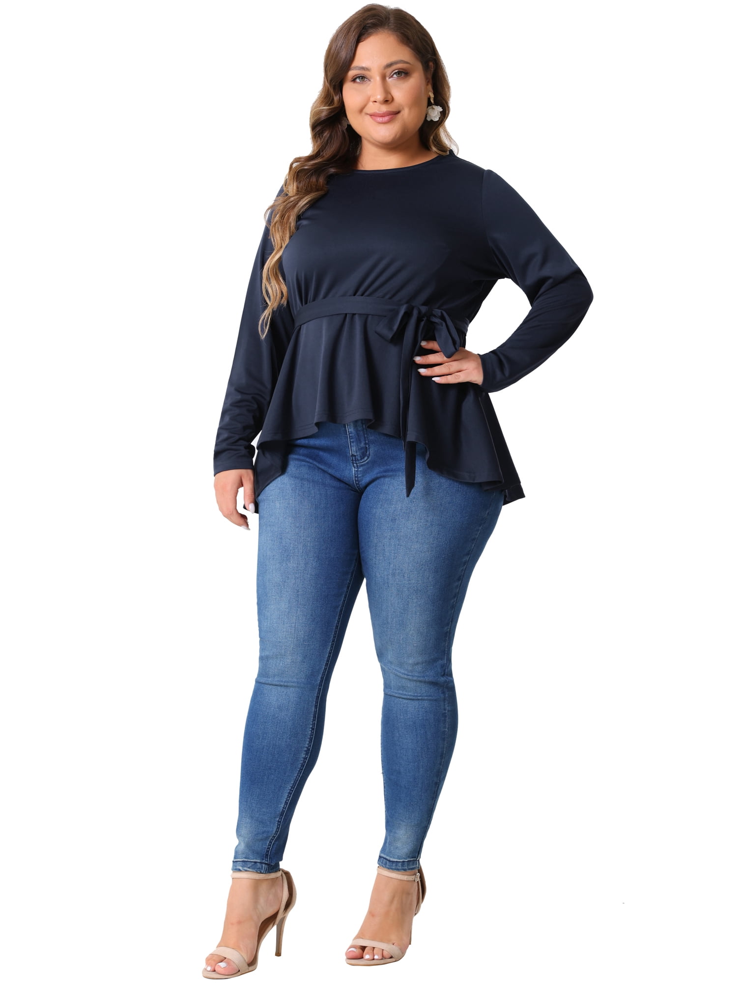 DARING DIVA Women's Plus Asymmetrical Hem Crew Neck Blouse 3X Navy Blue