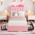 thumbnail image 3 of LED Twin Size Bed Frame with Storage Headboard, Kids Bed Frame with 2 Drawers, Boucle Upholstered Platform Bed for Girls, Chic Wavy Headboard with Bookcase, No Box Spring Needed, Pink, 3 of 7