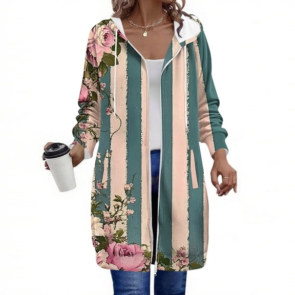 Zedker Women'S Casual Long Sleeve Drawstring Tops with Two-Way Zipper,Fashion Loose All-Over Printed Drop Shoulder Hoodies with Two Pockets,Army Green,L