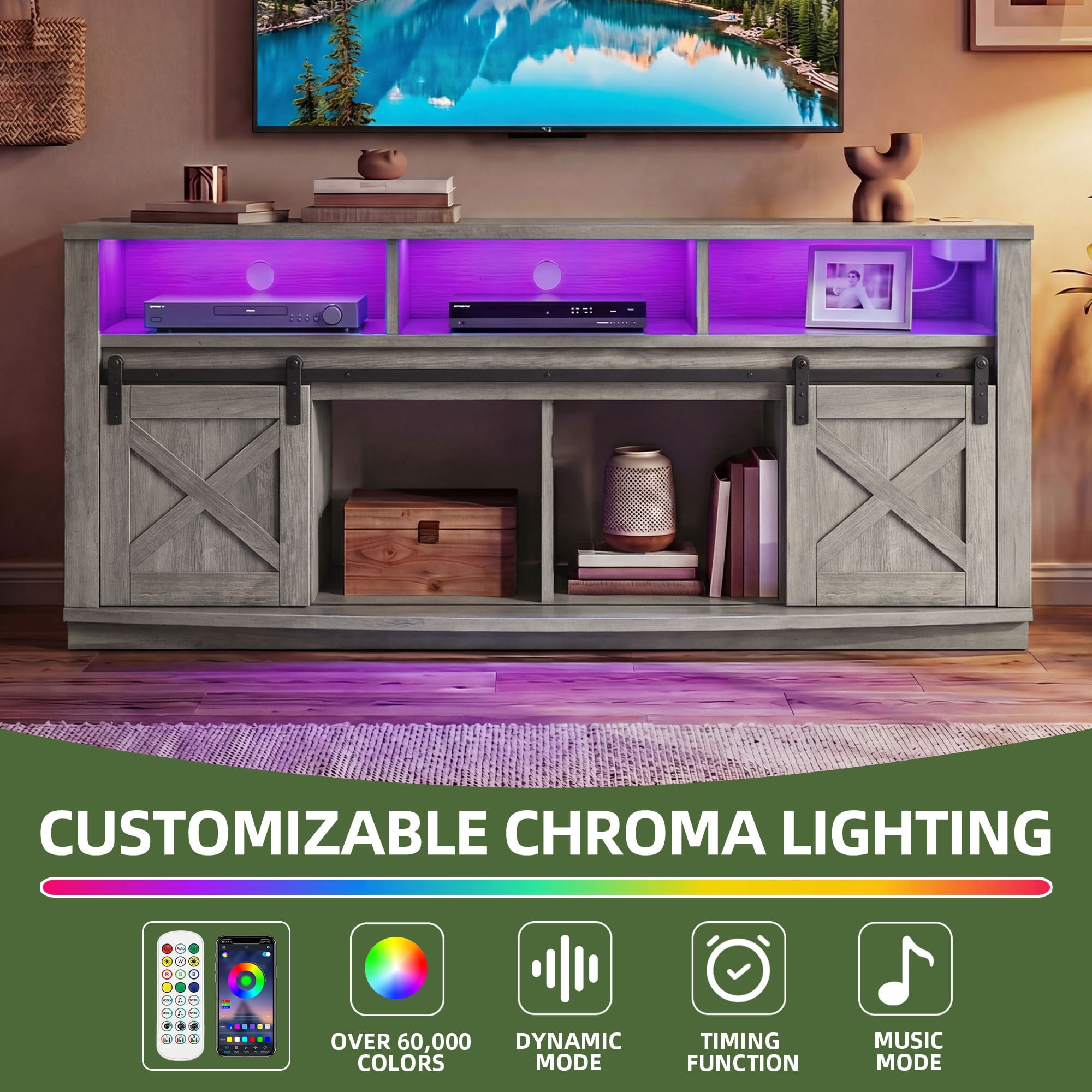 Uforic 70" TV Stand with Power Outlet & LED Lights, Curved Desktop Entertainment Center for 80" TVs, Grey