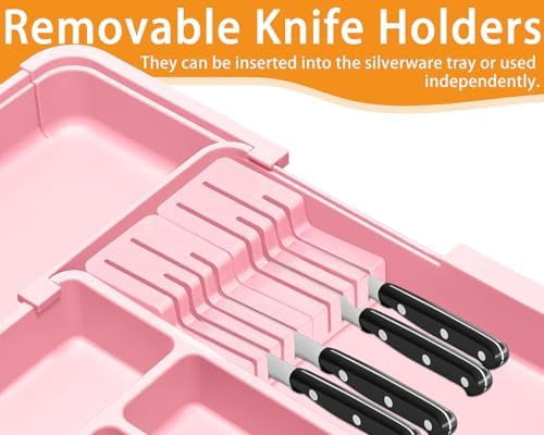 Silverware Organizer - Expandable Large Kitchen Drawer Organizer Utensil Organizer with 2 Knife Block Inserts, 22"x 19"Cutlery Tray with Drawer Dividers for Kitchen Flatware (Pink)