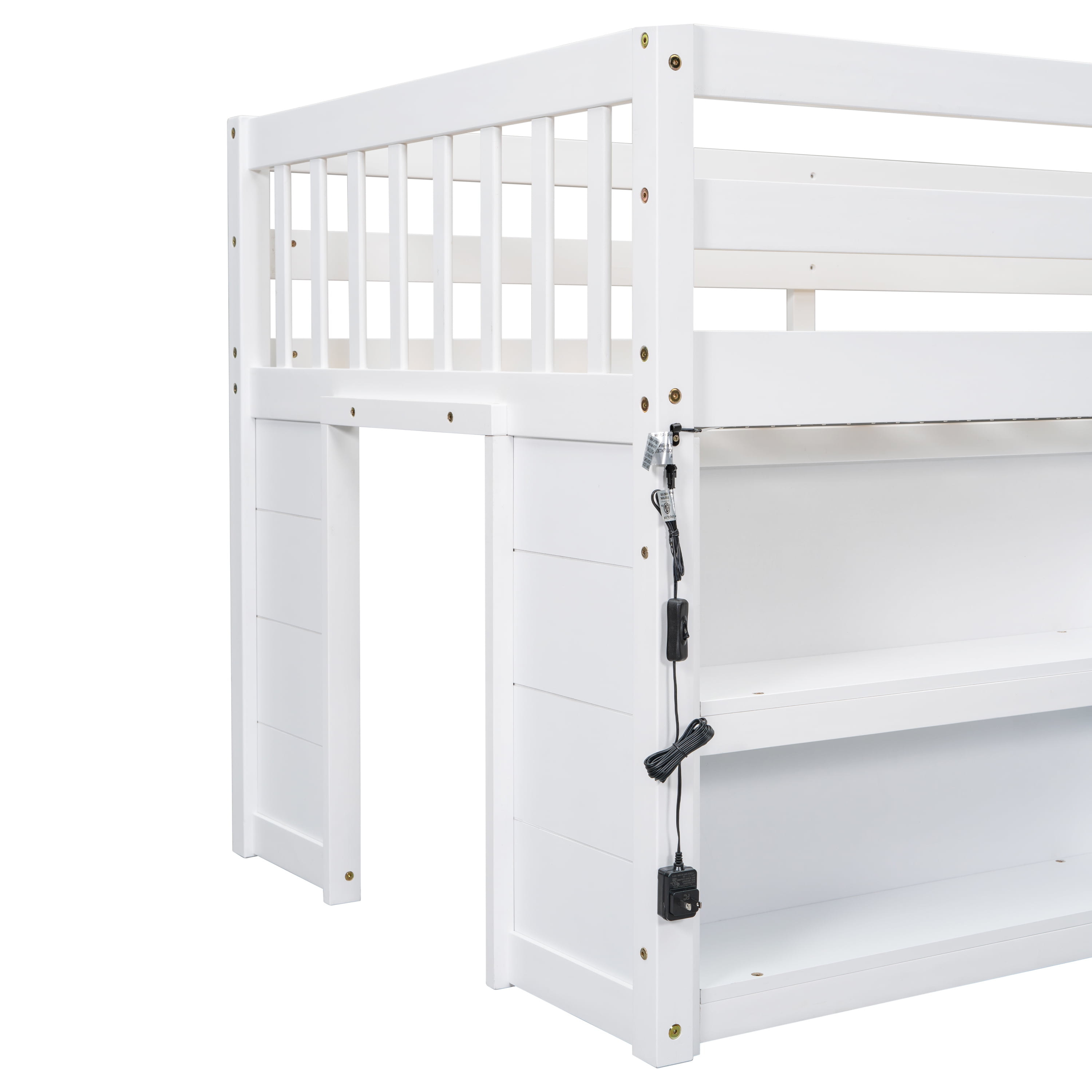 Miniyam Wood Twin Size Loft Bed with LED Light & Shelves for Kids and Teens, White
