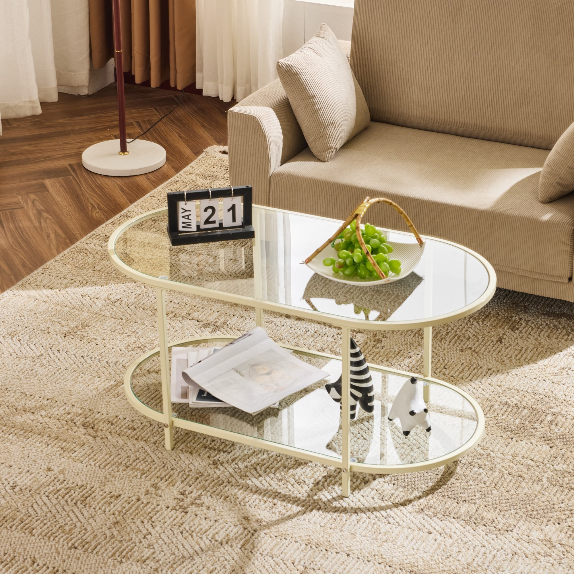 Ktaxon Rustic Coffee Table, Transparent Glass 2-Tier Oval Vintage Minimalist Design Center Table Rust Resistant Narrow Table for Living Room, Beige
