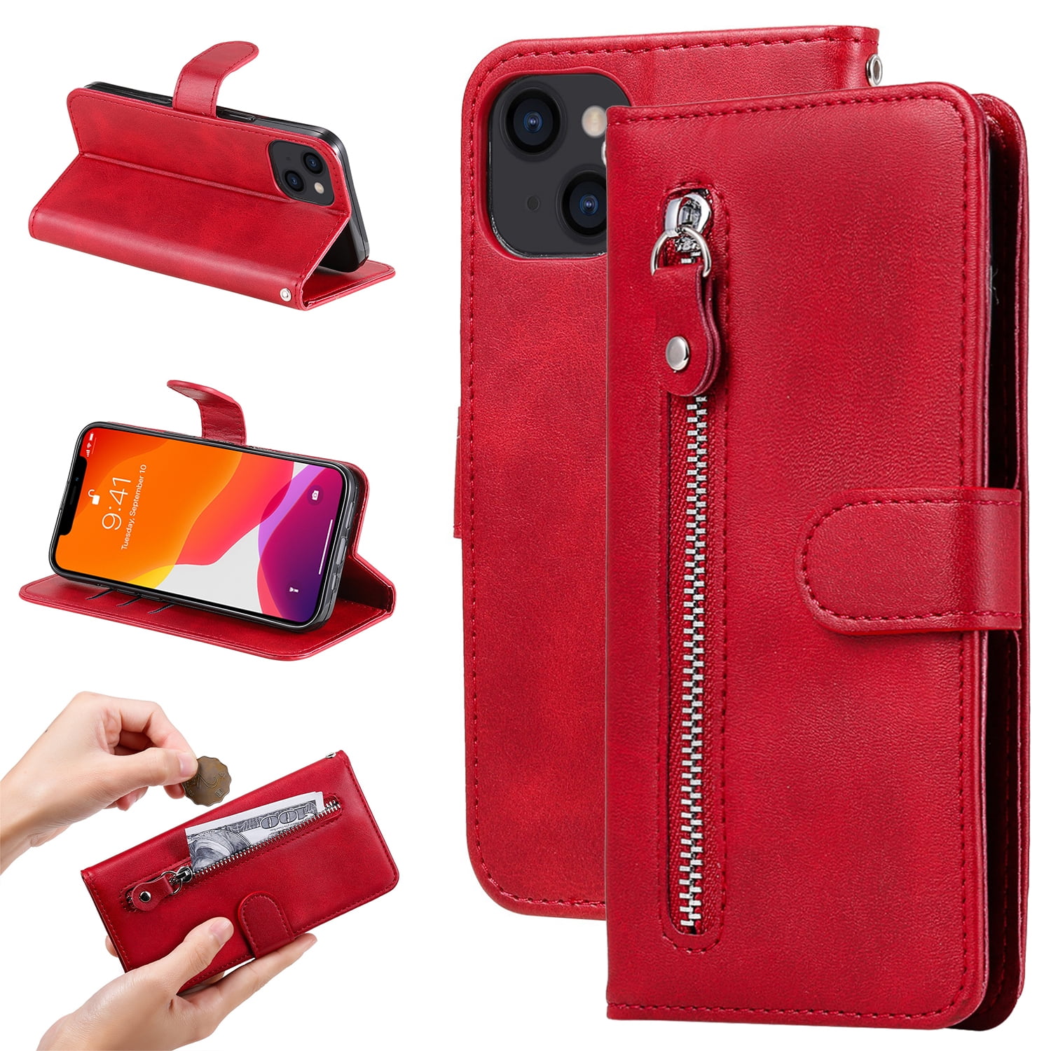 SaniMore Case for iPhone 15 Plus (6.7 2023) Zipper Wallet Pocket Caed Slots Retro PU Leather Shockproof Drop-proof Flip Kickstand All-around Protective Shell for iPhone 15 Plus Red