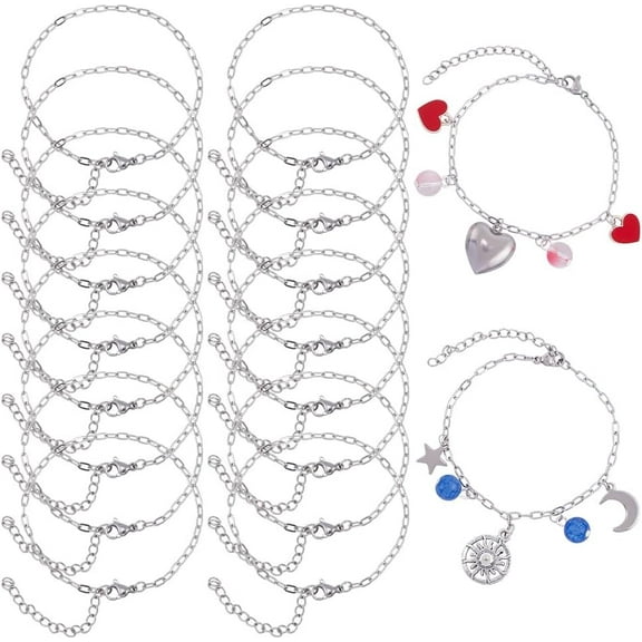 18Pcs 304 Stainless Steel Flat Cable Chain Bracelets Set for Men Women Stainless Steel Color 7 inch(17.7cm)