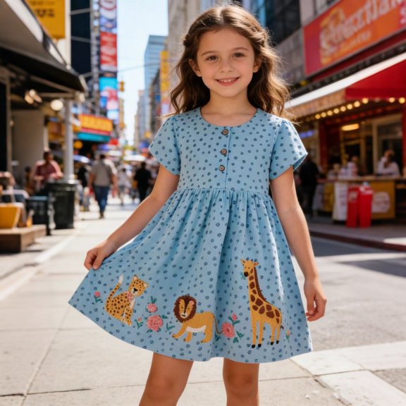 Trendfront Girls Animal Graphic Dresses Crewneck Short Sleeve A Line Dress Zoo Animal Embroidery Print Casual School Outfit Dresses