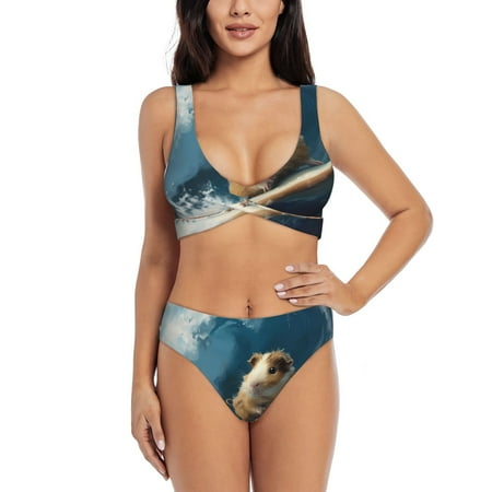 Zeuib Surfing Guinea Pig High Waisted Tummy Control Bikini Set - Knot Front Push Up Top & Cheeky Thong Bottom  Two-Piece Swimsuit for Women-Medium