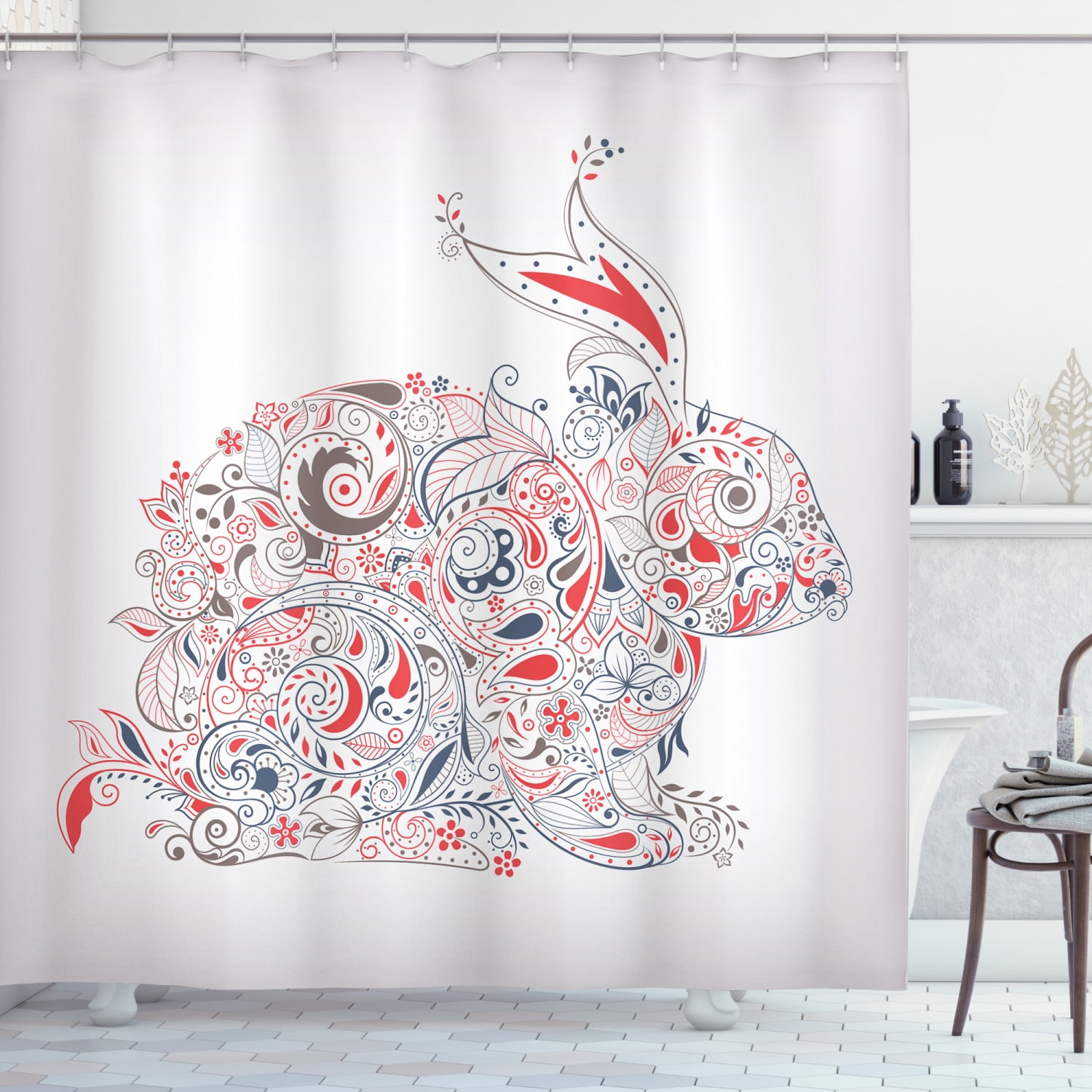 Bunny Shower Curtain, Ornamental Easter Bunny Drawing Orient and