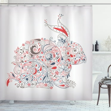 Bunny Shower Curtain, Ornamental Easter Bunny Drawing Orient and Strokes Detailed, Fabric Bathroom Set with Hooks, 69W X 84L Inches Extra Long, Vermilion Purpleblue, by Ambesonne