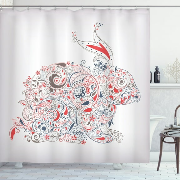 Bunny Shower Curtain, Ornamental Easter Bunny Drawing Orient and Strokes Detailed, Fabric Bathroom Set with Hooks, 69W X 70L Inches, Vermilion Purpleblue, by Ambesonne