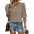 thumbnail image 2 of bbyeadc 3/4 Length Sleeve Tops for Women 2025 Round Neck Smocked Cuff Ruched Shirts 3/4 Sleeve Dressy Casual Loose Basic Trendy Tops Summer Solid Business Casual Blouses, Light Brown 2XL, 2 of 7