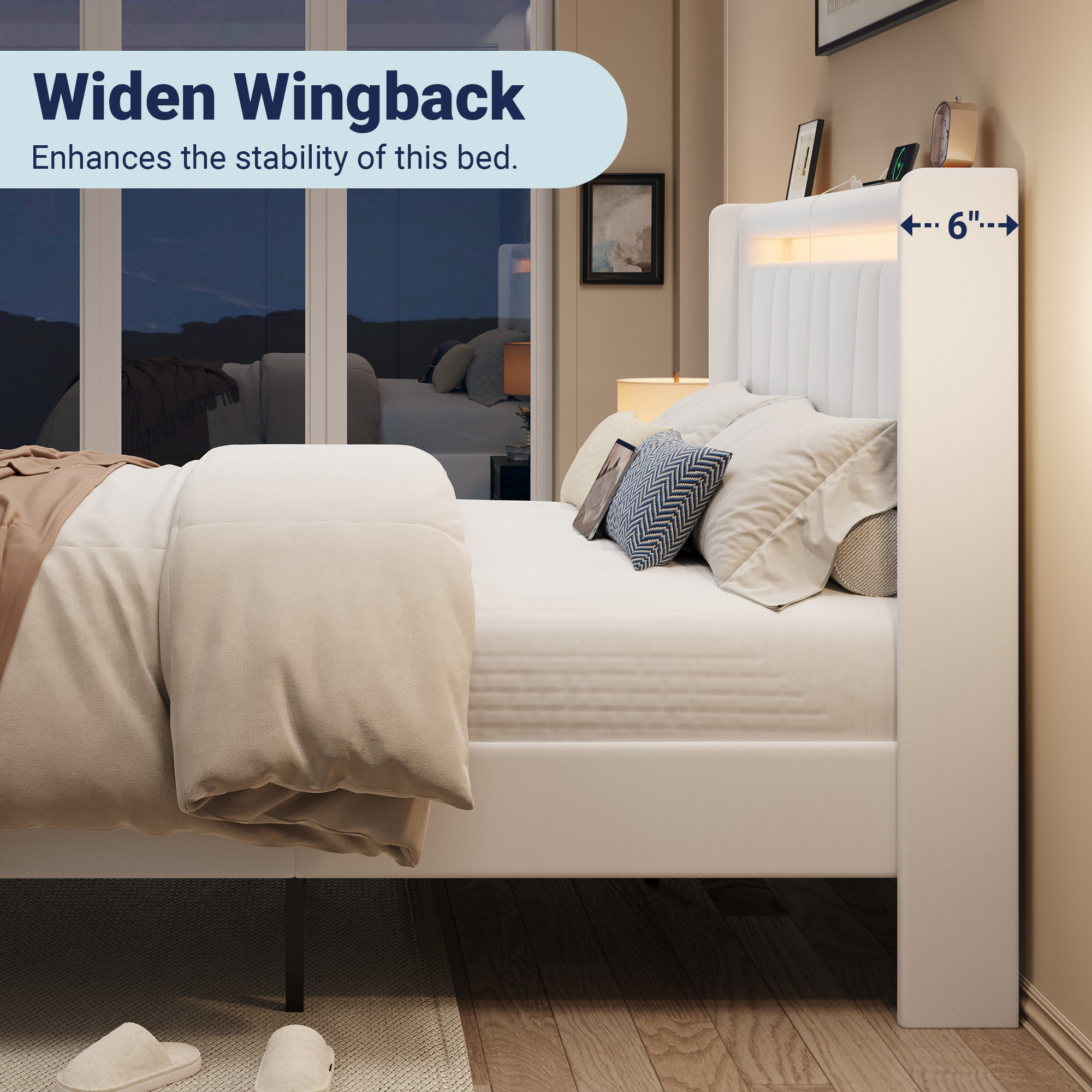 Allewie Queen Size LED Bed Frame with Charging Station, Velvet Upholstered Platform Bed with Geometric Wingback Headboard, White