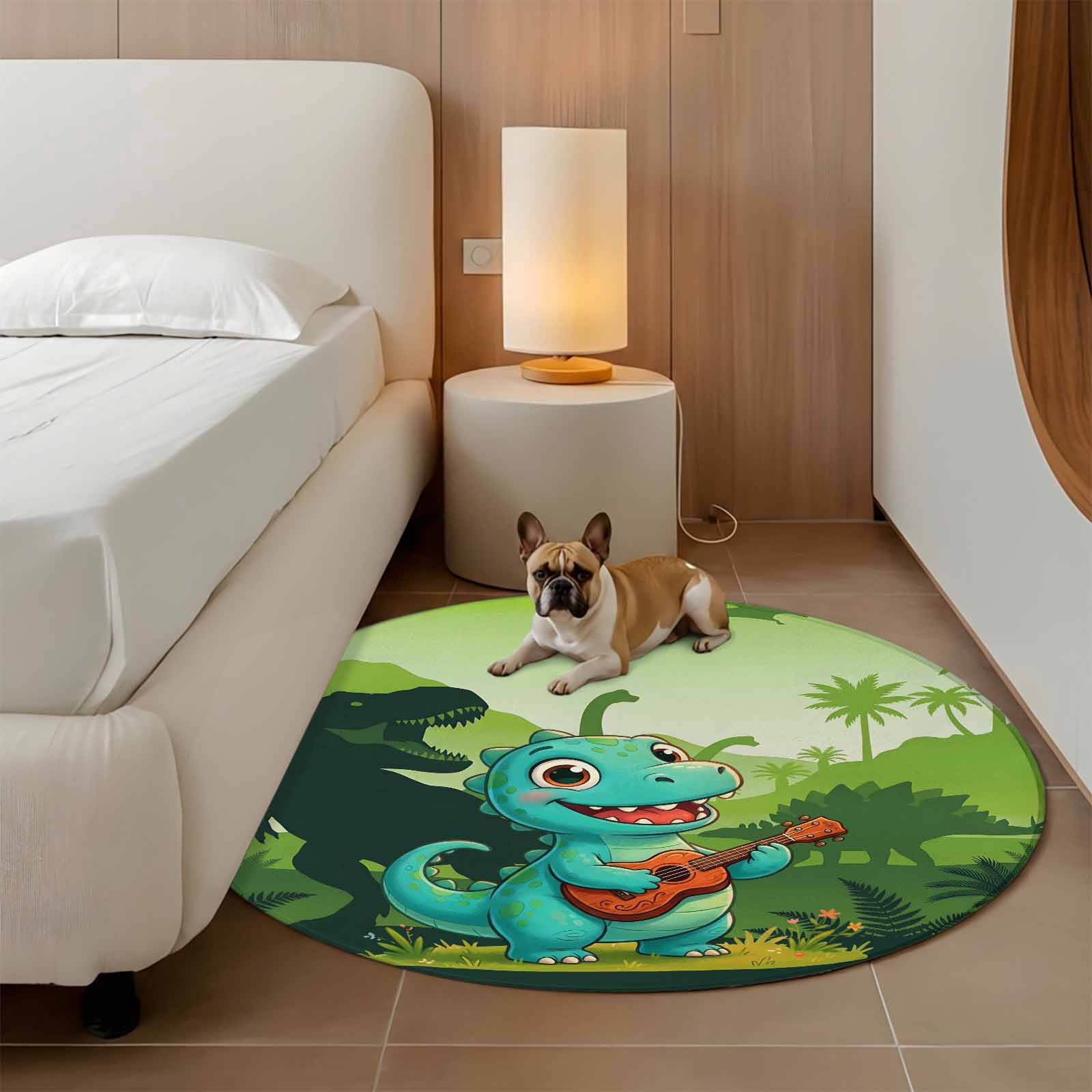 Funny Dinosaur Round Area Rug 6Ft Washable Circle Rugs for Bathroom Office, Playing Guitar Palm Tropical Green Silhouette Non-Slip Carpet Floor Mats Indoor Outdoor Carpet Runner Aesthetic Home Decor