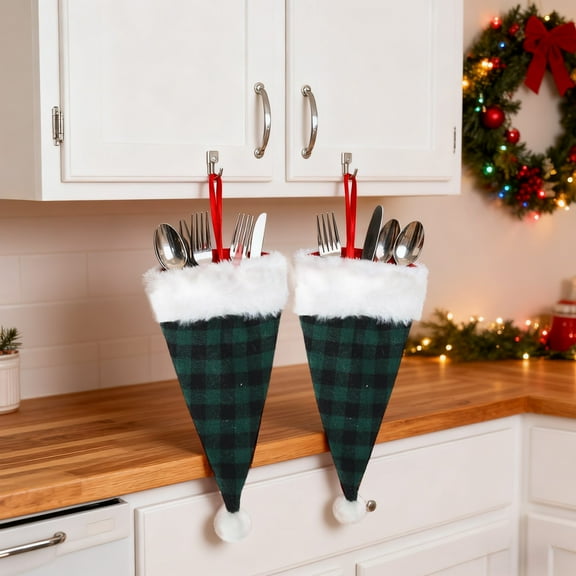Horivan Christmas Plaid Silverware Bag with White Edge Festive Cutlery Holder for Holiday Table Setting Christmas Dinner Party Decoration Utensil Storage Pouch