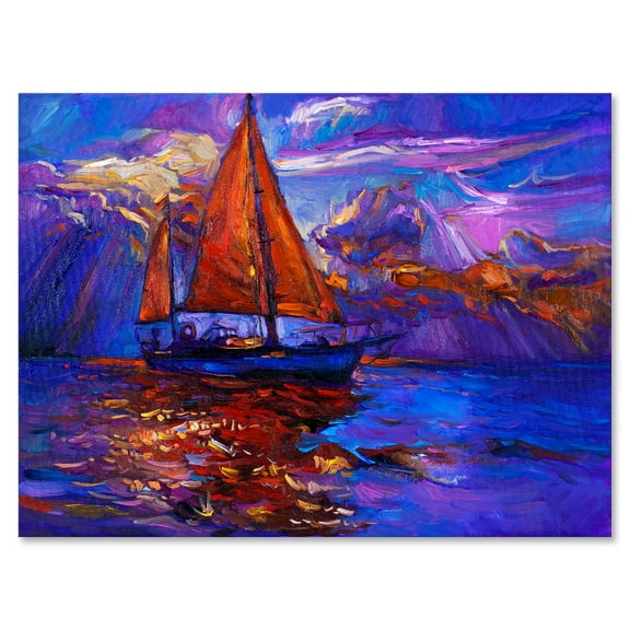 Designart ' Red Sail Ship On Purple Sunset in Blue Ocean ' Nautical & Coastal Canvas Wall Art Print