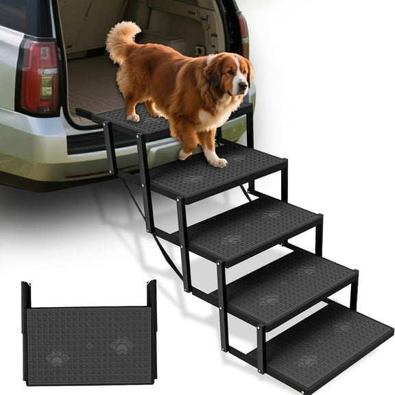 5 Steps Dog Steps for Car, Foldable Dog Stairs for Truck, Dog Ramp for Stairs with Non-Slip Surface, Pet Steps for Large Dogs, Pet Stairs for Cars, SUV, High Beds, Truck, Black