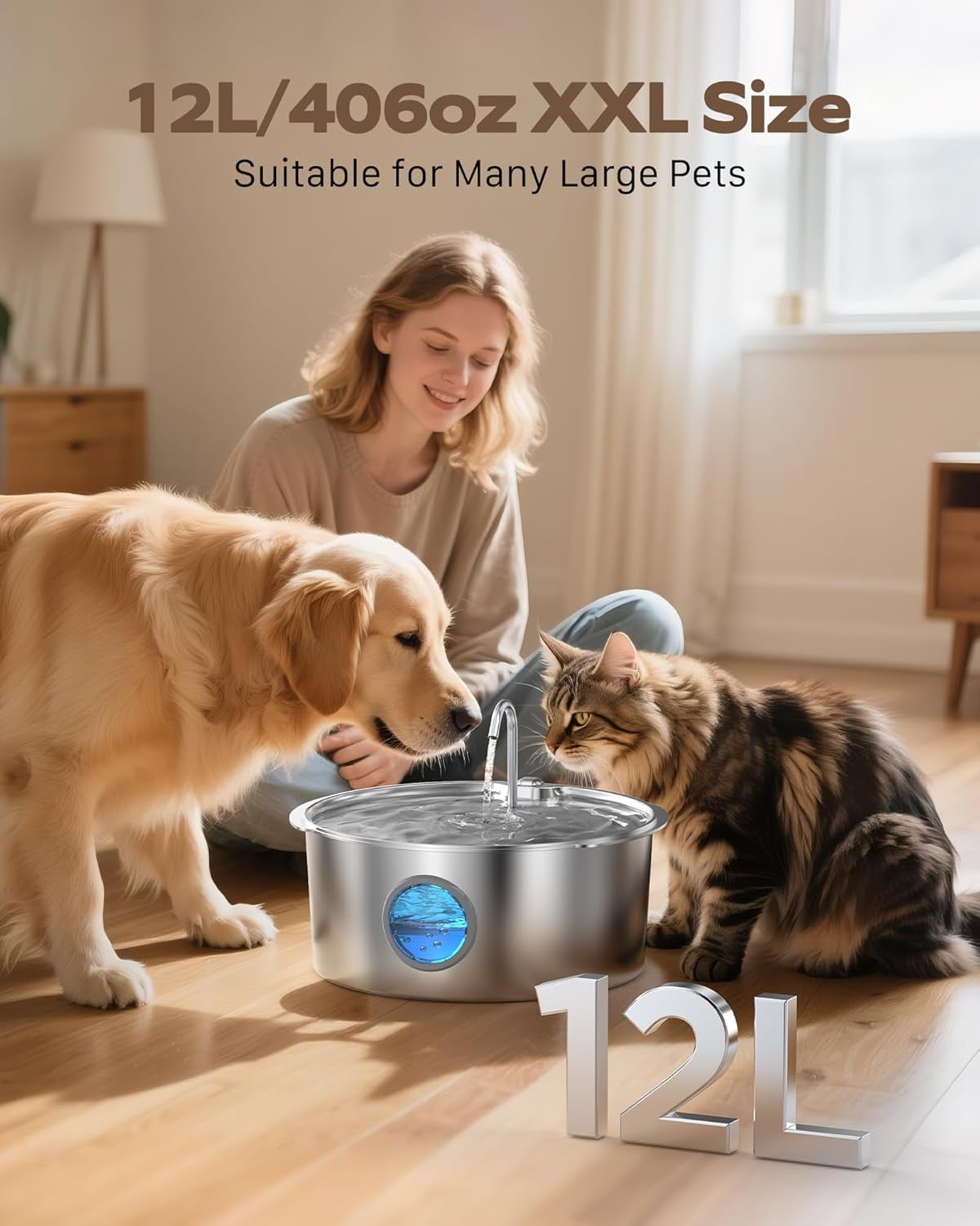 Large Stainless Steel Dog Water Fountain - 3.2 Gallon/12L Super Quiet Pet Fountain with Water Level Indicator for Multi-Pet Homes