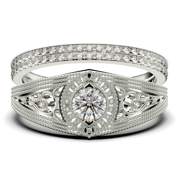 Decorative Ornament 2.25 Carat Round Cut Diamond Moissanite Unique Engagement Ring, Wedding Ring in 925 Sterling Silver With 18k White Gold Plating Promise Ring, Trio Rings Set