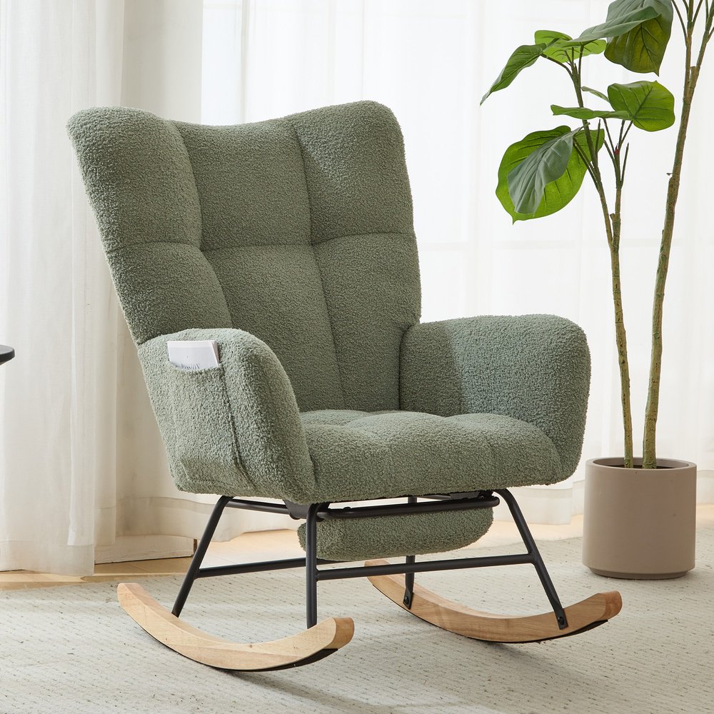 AIMINLI Teddy Fabric Wingback Glider Rocker with Side Storage Pocket, Accent Rocking Chair with Solid Wood Base for Living Room