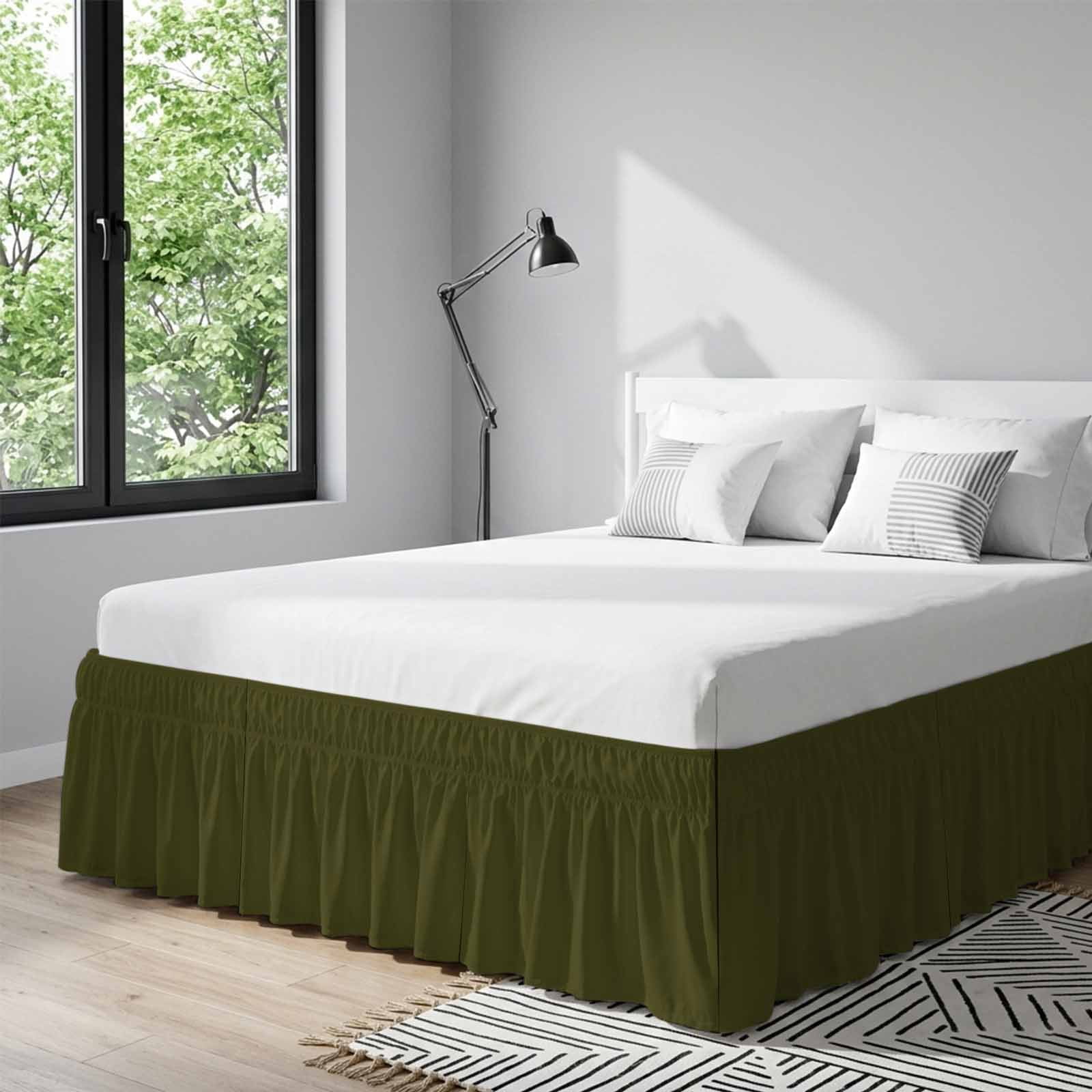 Bed Skirt Olive Green Adjustable Elastic Wrap-Around Dust Ruffle with Solid Color 16 Inch Drop, Bed Frame Cover for Queen Size Bed