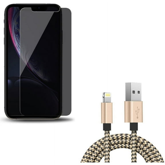 iPhone XS/X - 6ft USB Cable w Tempered Glass Privacy Screen Protector - Charger Cord Power Wire Sync Braided, Curved Anti-Spy Anti-Peep 3D Edge Case Friendly