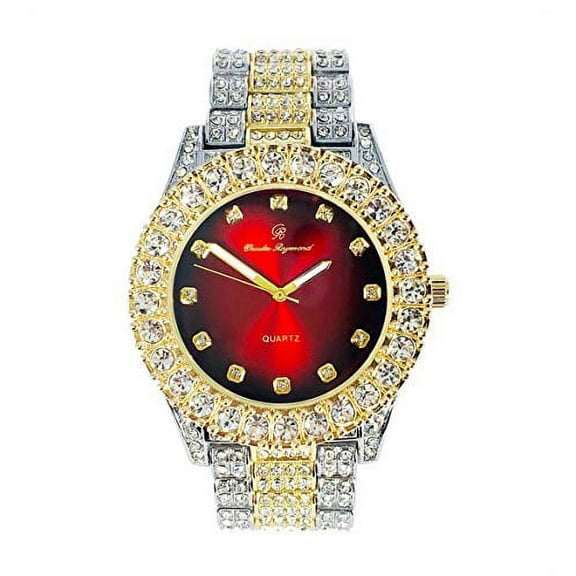 Charles Raymond Blinged Out Round Metal Mens Color on Blast Hip Hop Two Tone Wristwatch with Iced Out Diamond Time Indicators - Ice on Fire!!! - ST10327DxxS (TT-Blood Red)