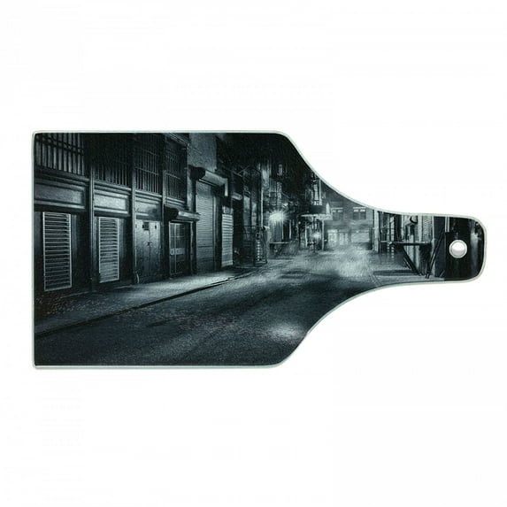 Night Cutting Board, Moody Monochrome View of Cortlandt Alley Chinatown New York City Dark Urban Scenery, Tempered Glass Cutting and Serving Board, Wine Bottle Shape, Black White, by Ambesonne