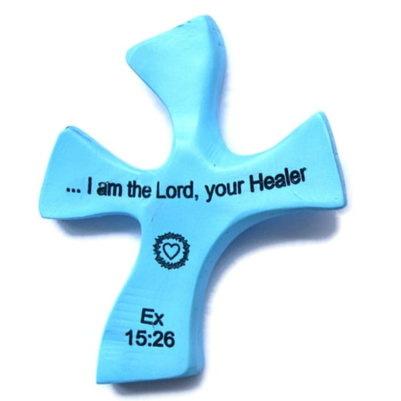 Resin Healing Cross - complete with Prayers and Certificate (4.5 x 3.6 In) – sits in hand perfectly. Healing Cross Trademark (Blue)