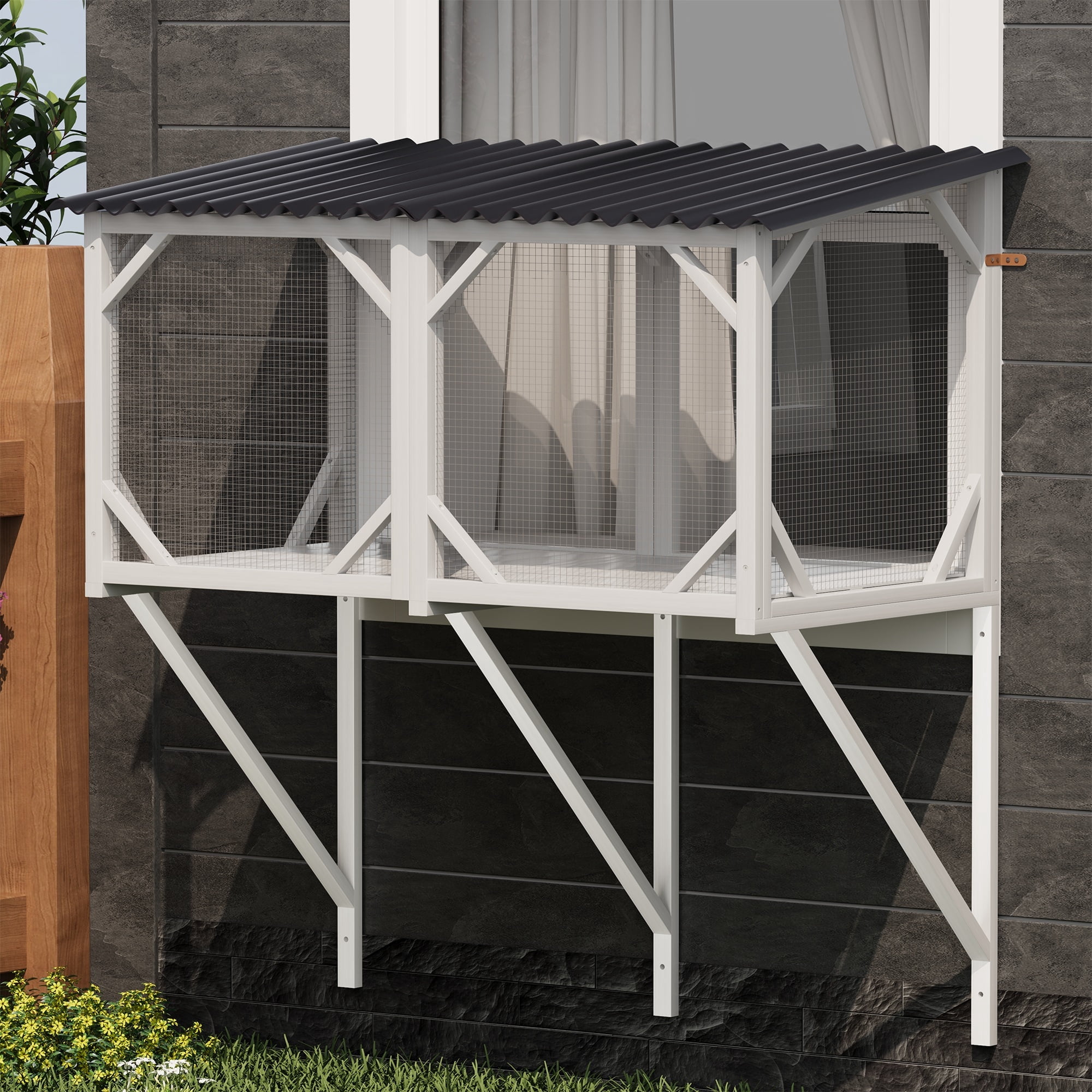 43.3" Cat Window Perch Outdoor - All-Weather Catio Enclosure with Waterproof Roof, 360° Viewing for Large Cats, White