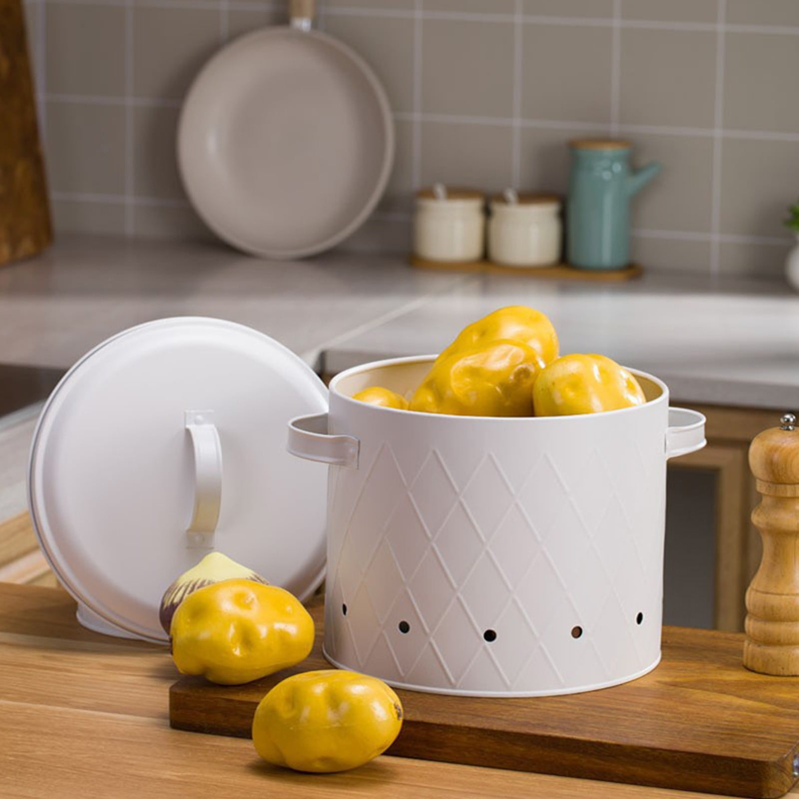 Mesh Fruit and Vegetable Storage Bucket with Lid - Rust-Proof Kitchen Organizer for Potatoes, Onions, Garlic - Stackable Produce Bin - 1 Pack